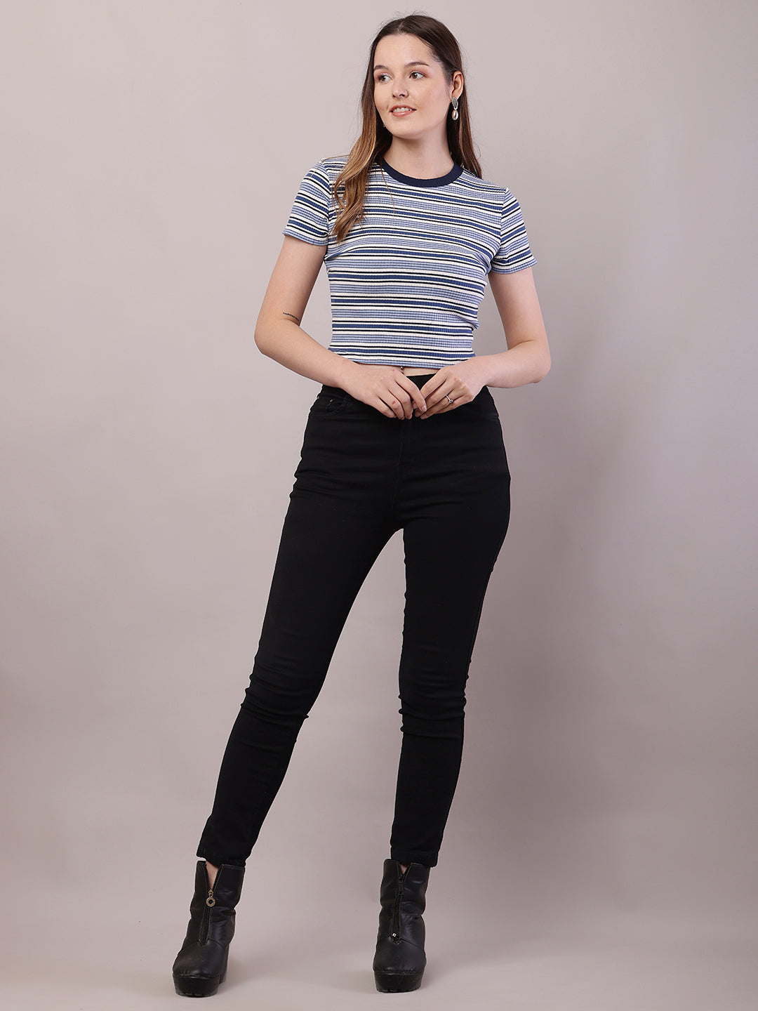 Women Blue-White Cotton Round Neck Stripe Top