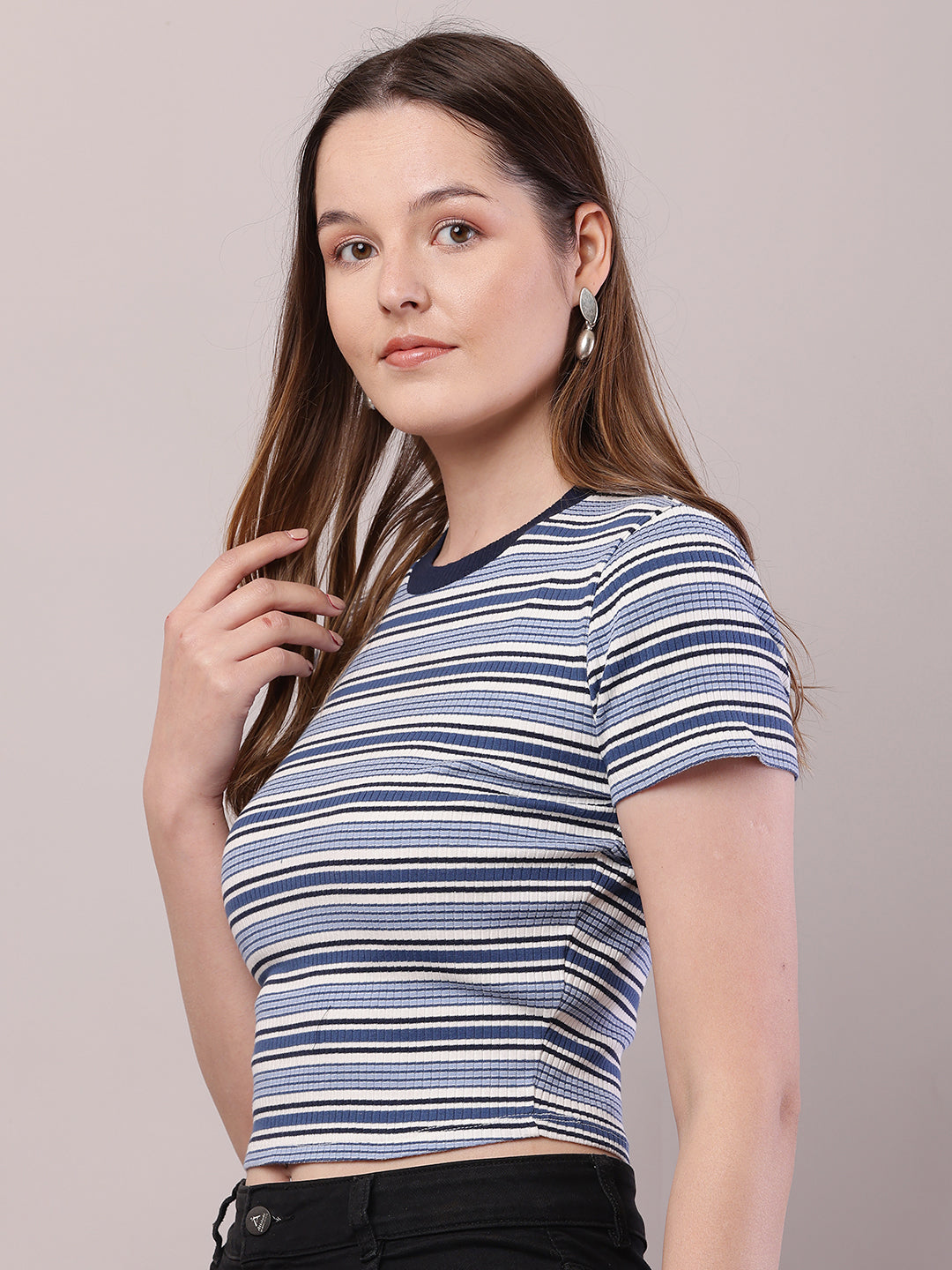 Women Blue-White Cotton Round Neck Stripe Top