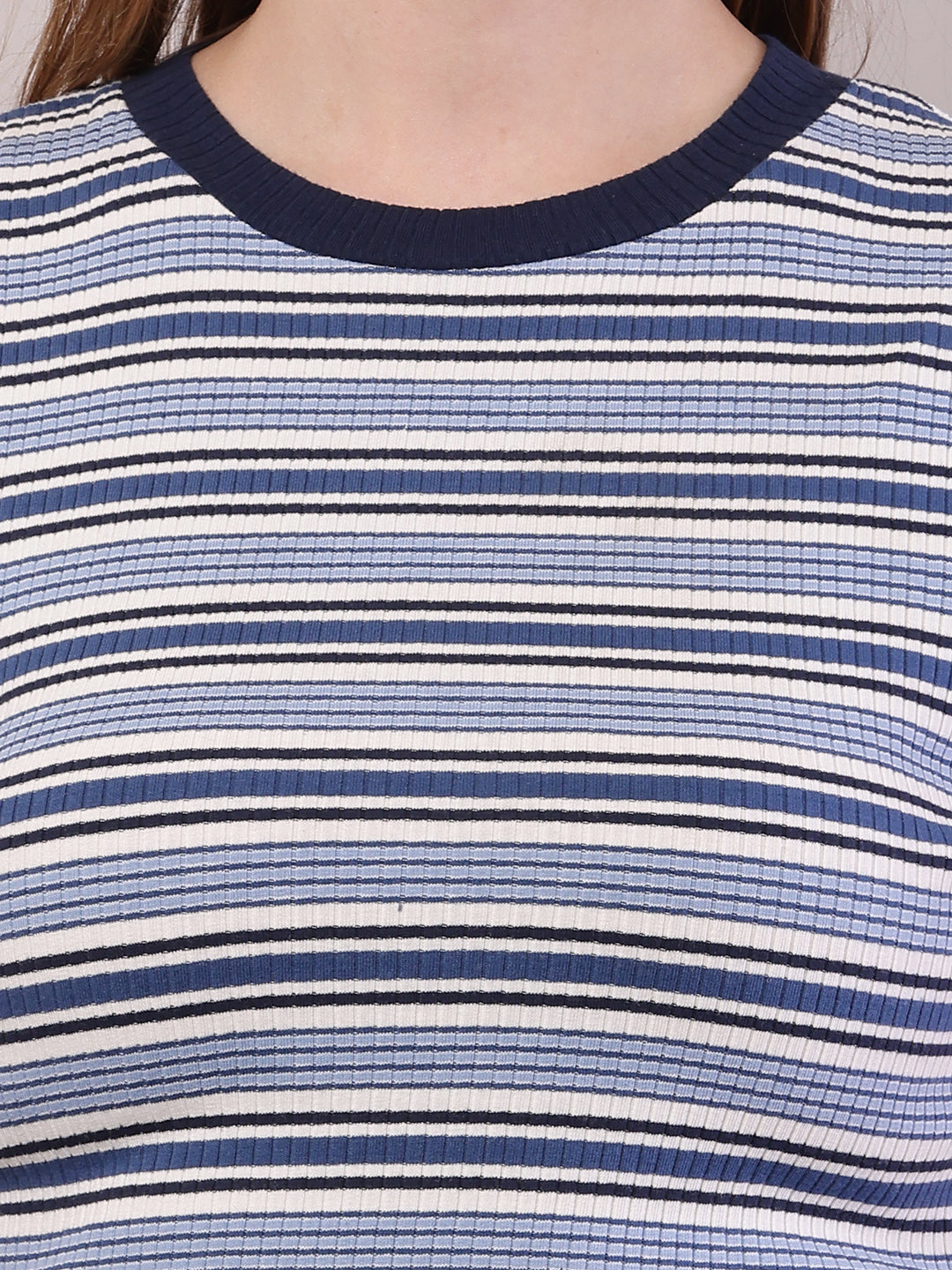 Women Blue-White Cotton Round Neck Stripe Top