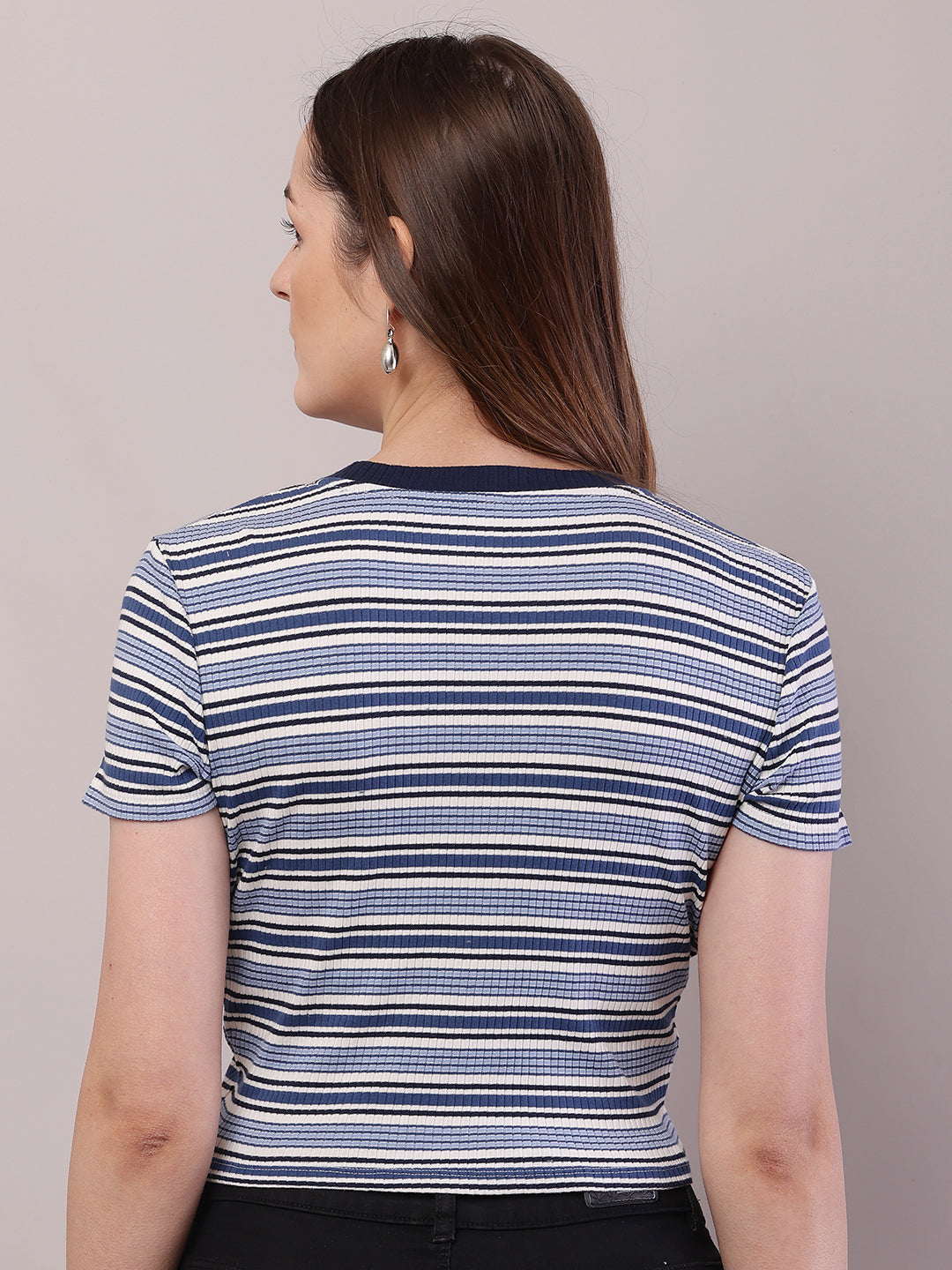 Women Blue-White Cotton Round Neck Stripe Top