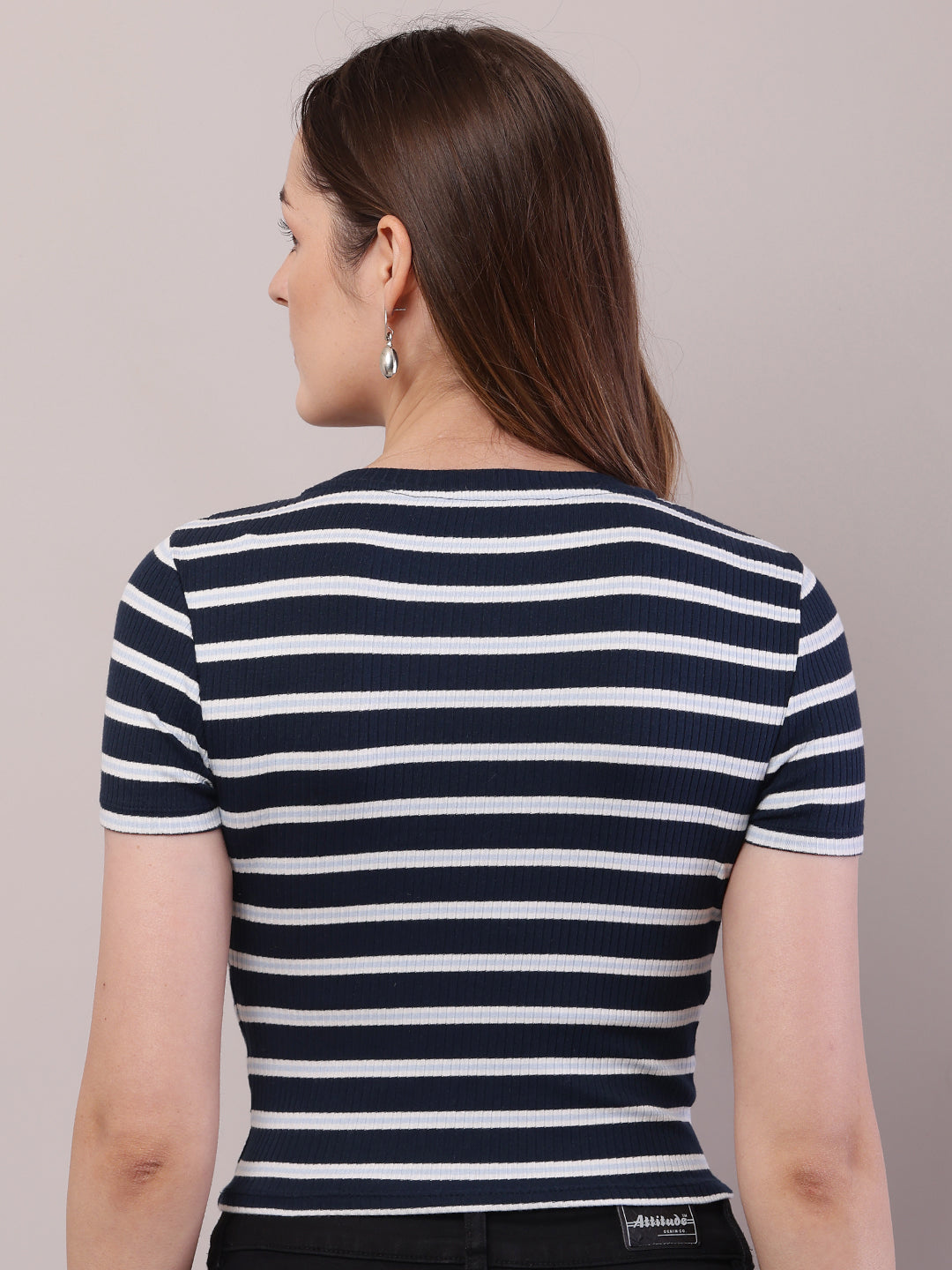 Women Dark Blue-White Cotton Round Neck Stripe Top