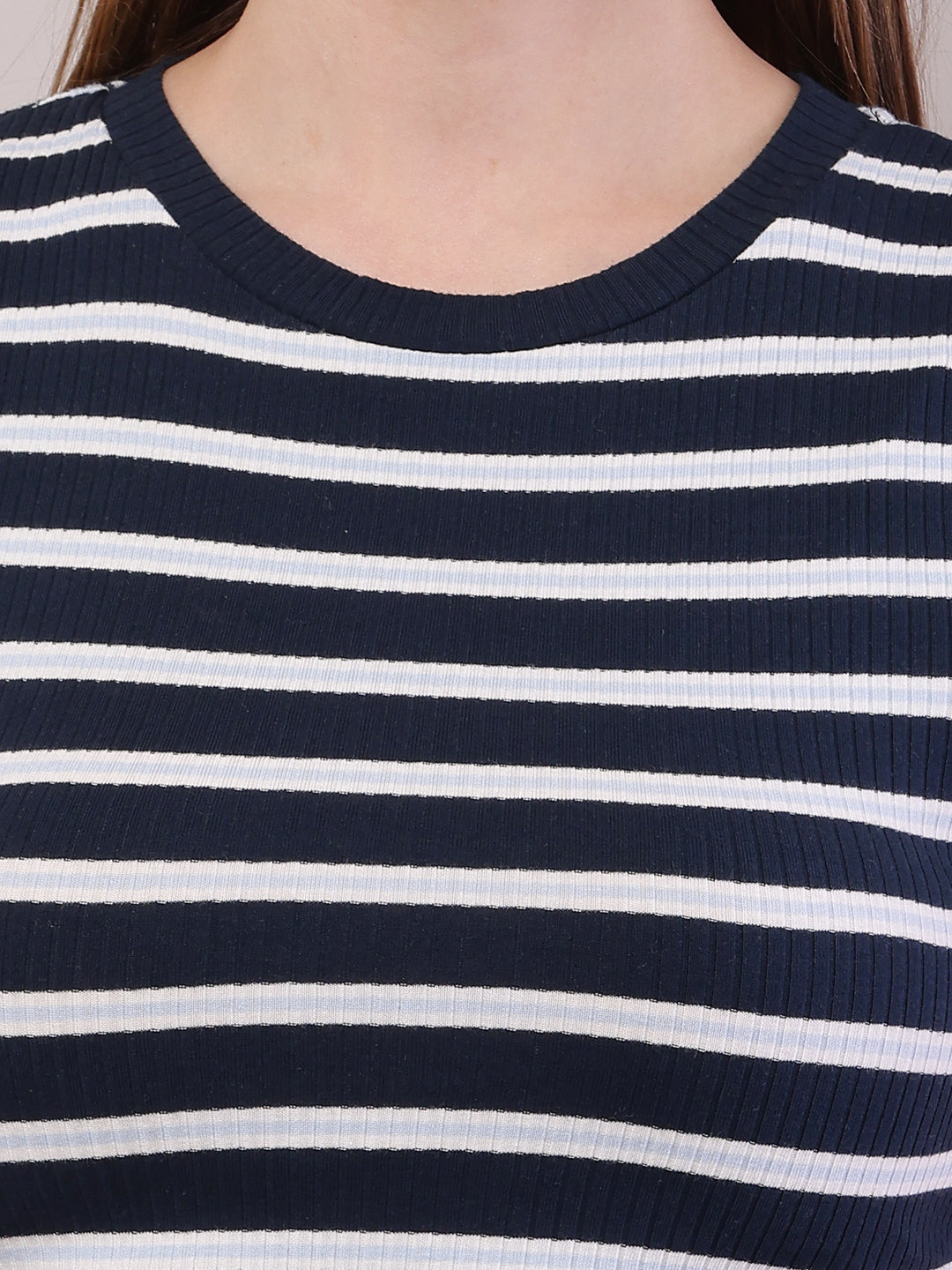 Women Dark Blue-White Cotton Round Neck Stripe Top