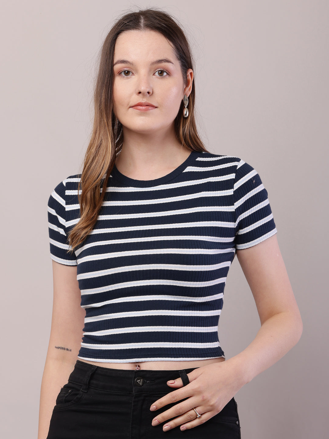 Women Dark Blue-White Cotton Round Neck Stripe Top