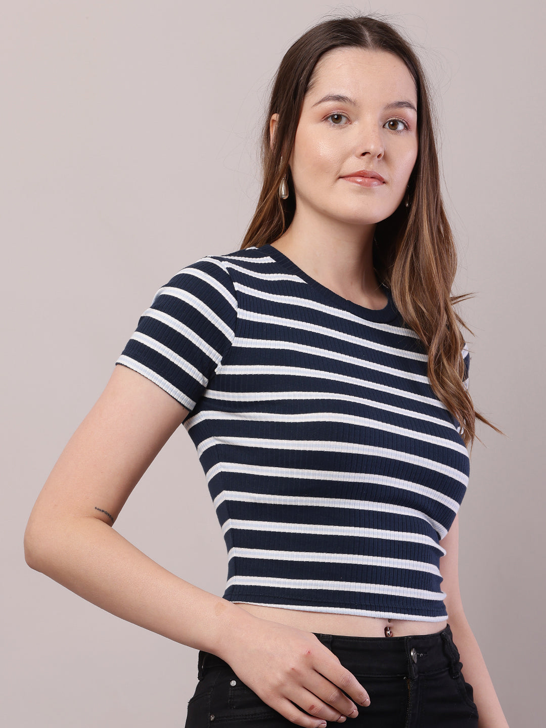 Women Dark Blue-White Cotton Round Neck Stripe Top