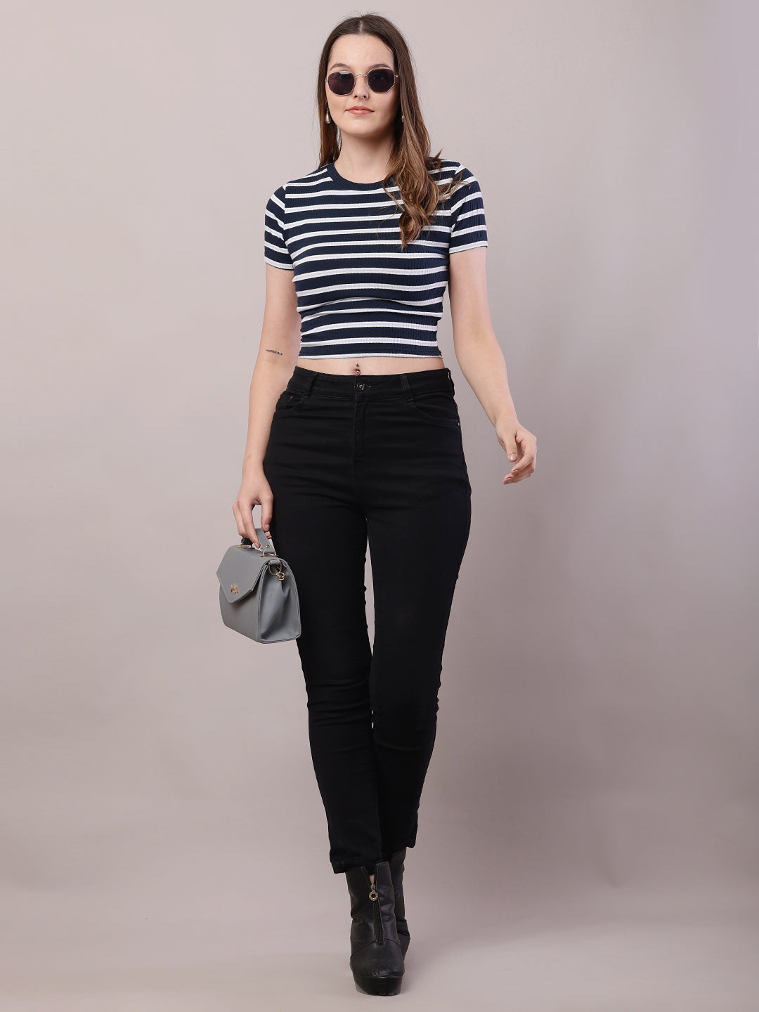 Women Dark Blue-White Cotton Round Neck Stripe Top