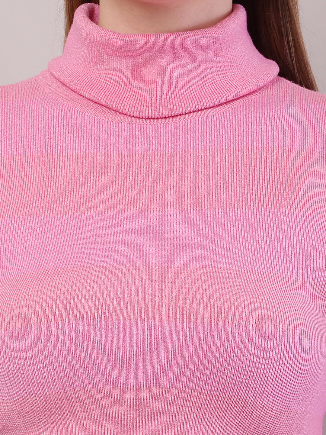 Women Pink Cotton Full Sleeve High-Neck Sweater