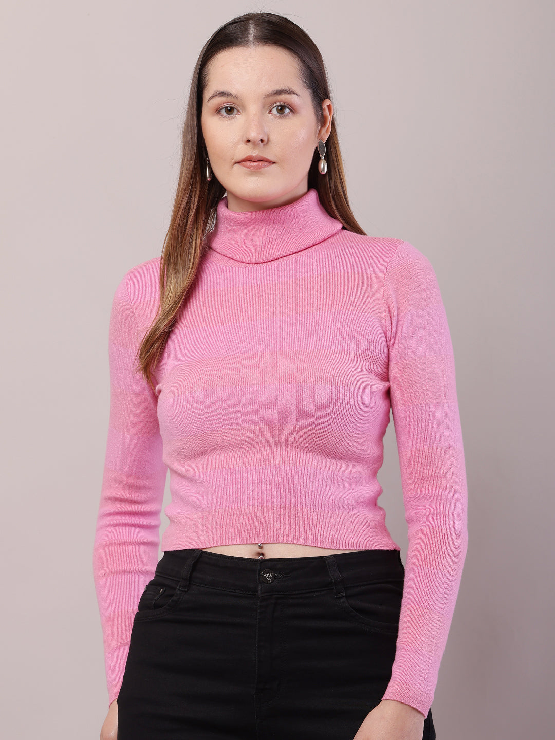 Women Pink Cotton Full Sleeve High-Neck Sweater