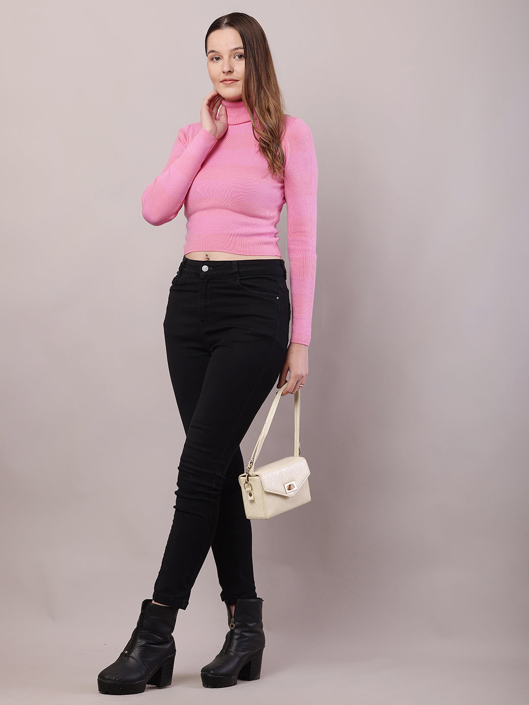 Women Pink Cotton Full Sleeve High-Neck Sweater