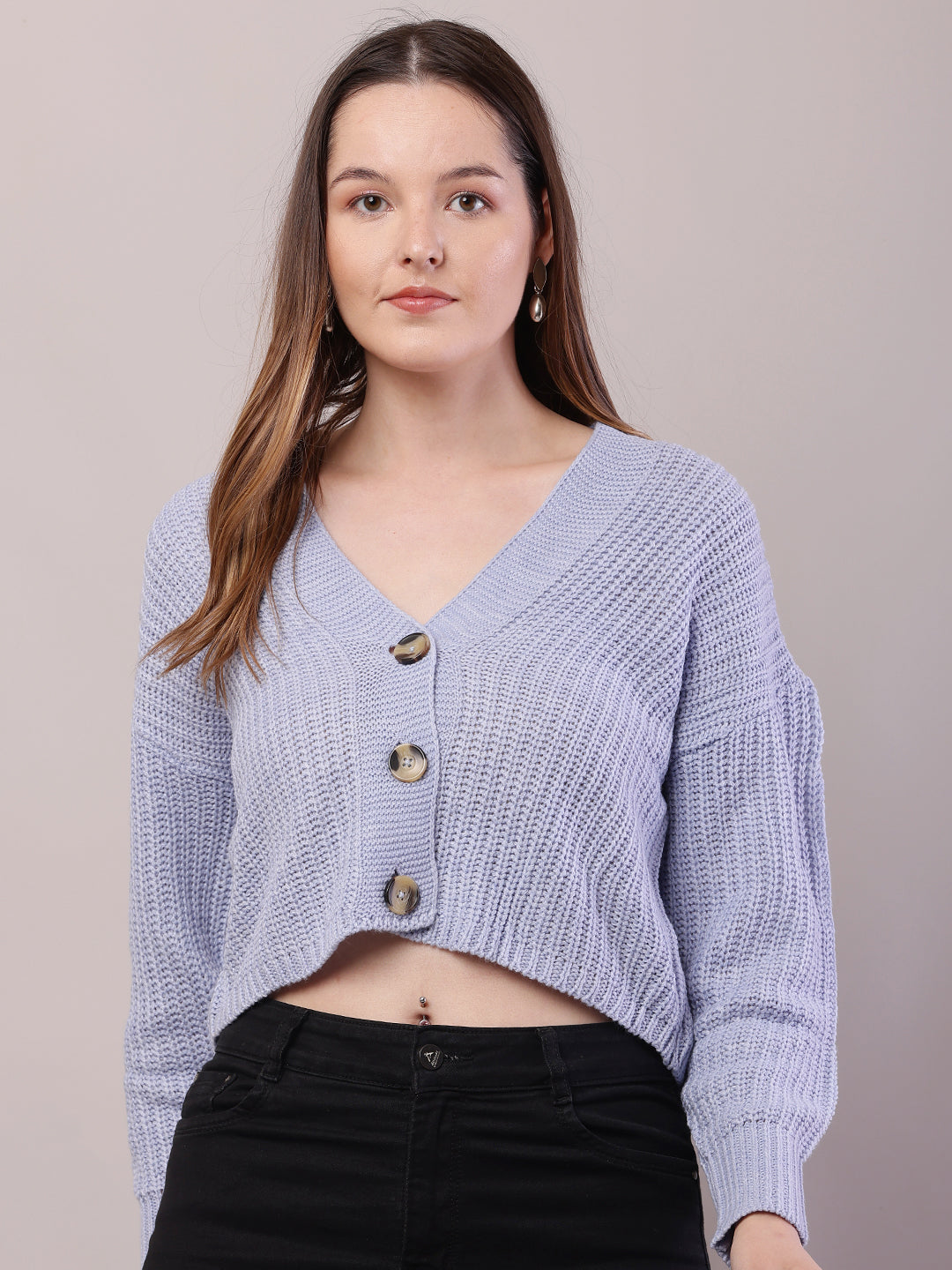 Women Sky Blue Acrylic Full Sleeve Cardigan