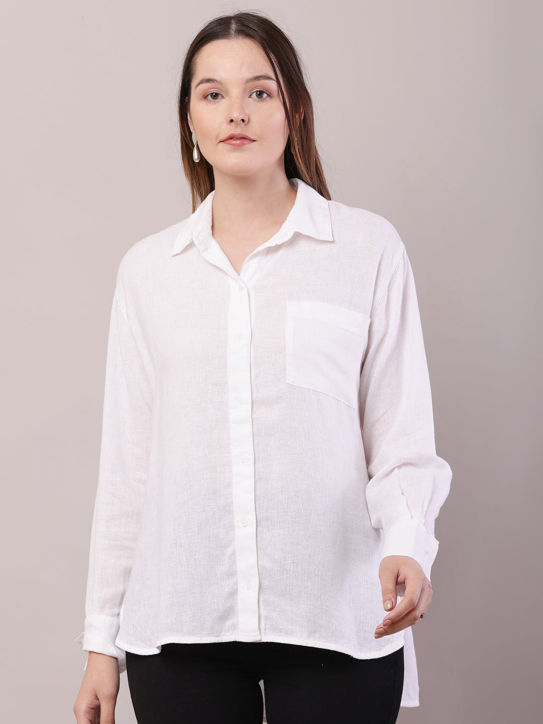 Women White Linen Shirt Collar Full Sleeve Shirt