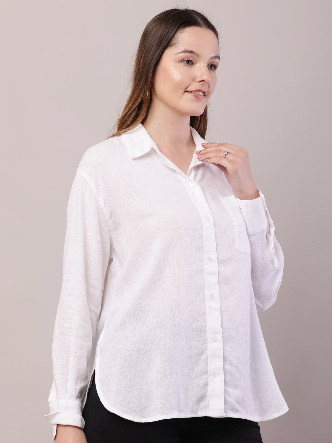 Women White Linen Shirt Collar Full Sleeve Shirt