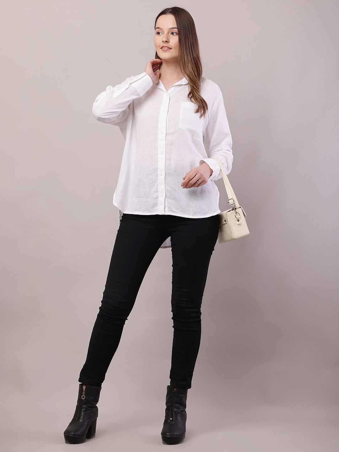 Women White Linen Shirt Collar Full Sleeve Shirt