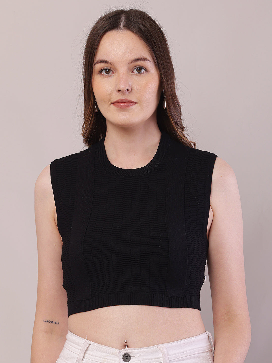 Women Black Viscose Sleeveless Round Neck Crop Top