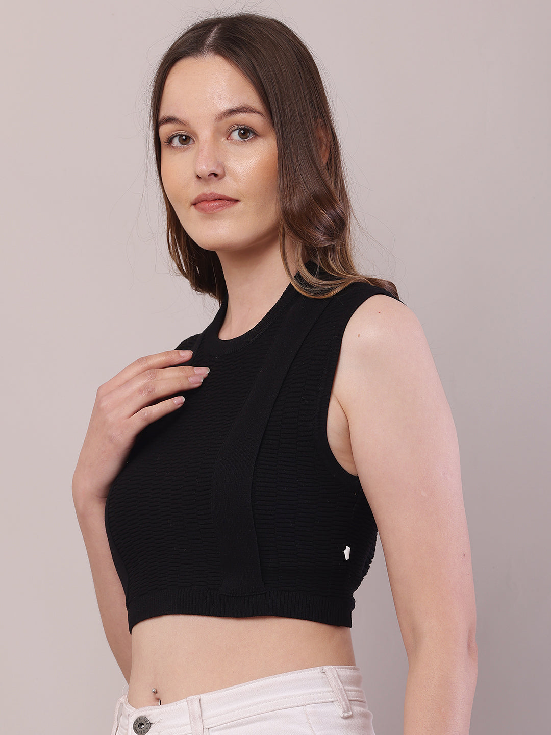 Women Black Viscose Sleeveless Round Neck Crop Top