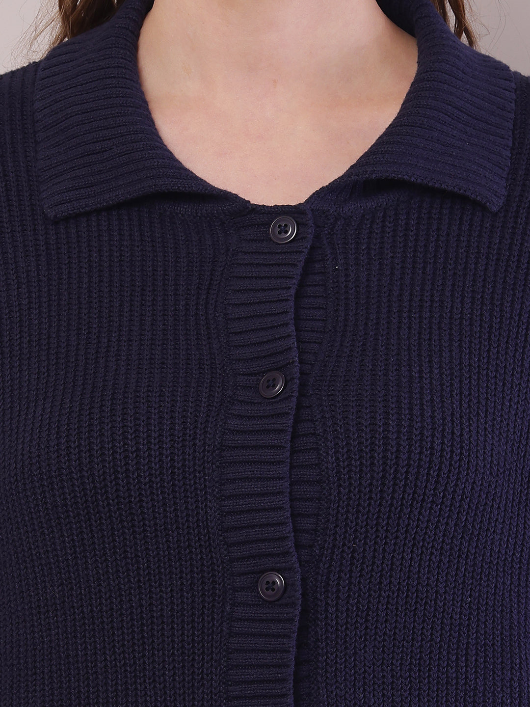 Women Dark Blue Cotton Shirt Collar Cardigan