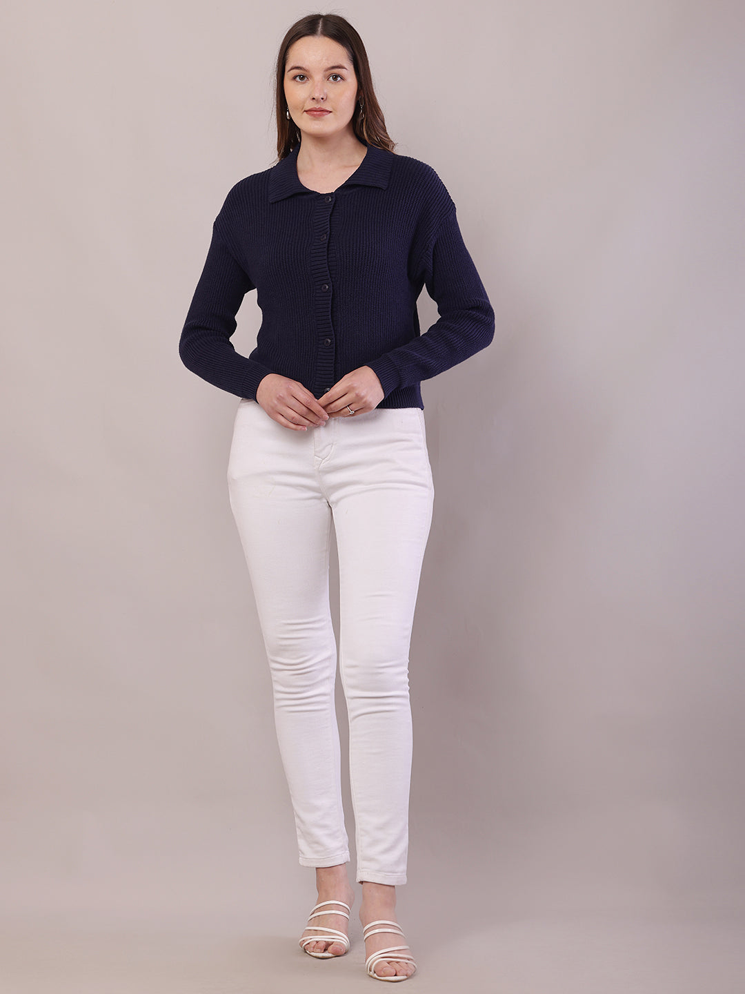 Women Dark Blue Cotton Shirt Collar Cardigan