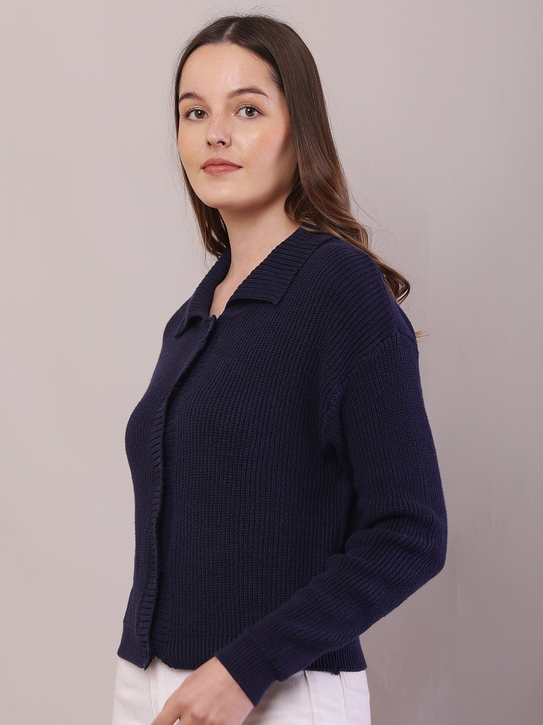 Women Dark Blue Cotton Shirt Collar Cardigan