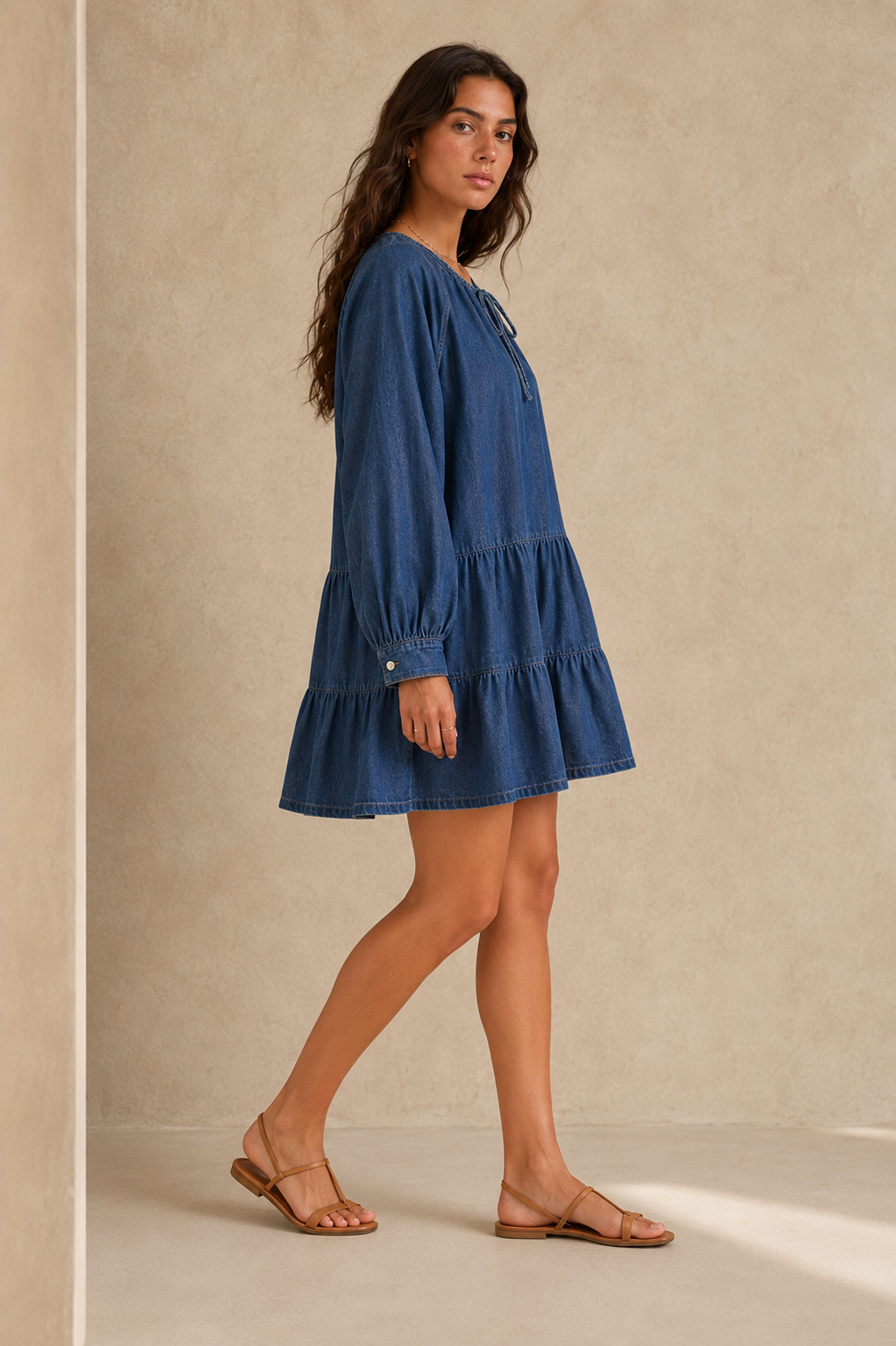 Women Blue Tie-Neck Tiered Dress