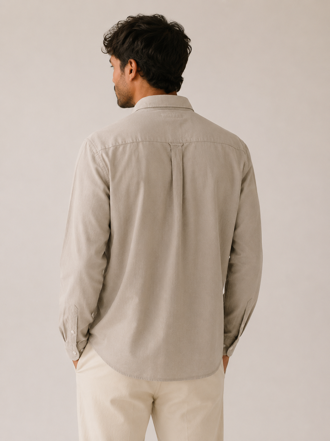Men Beige Oxford Button Down Shirt