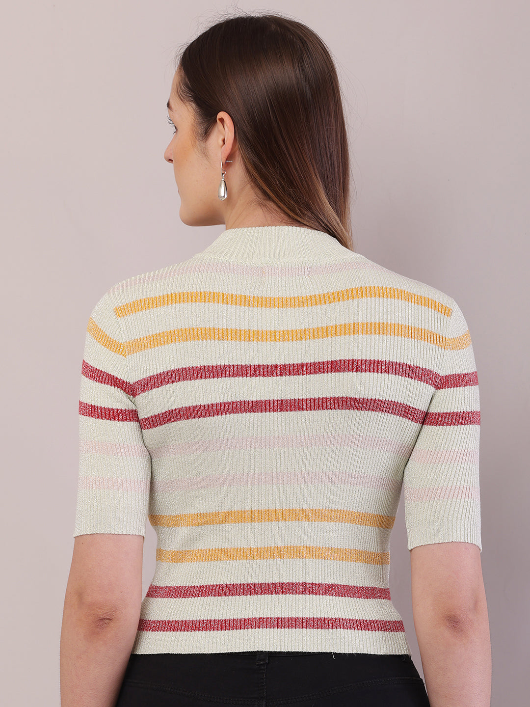 Women Striped Viscose Short Sleeve Turtle Neck Top