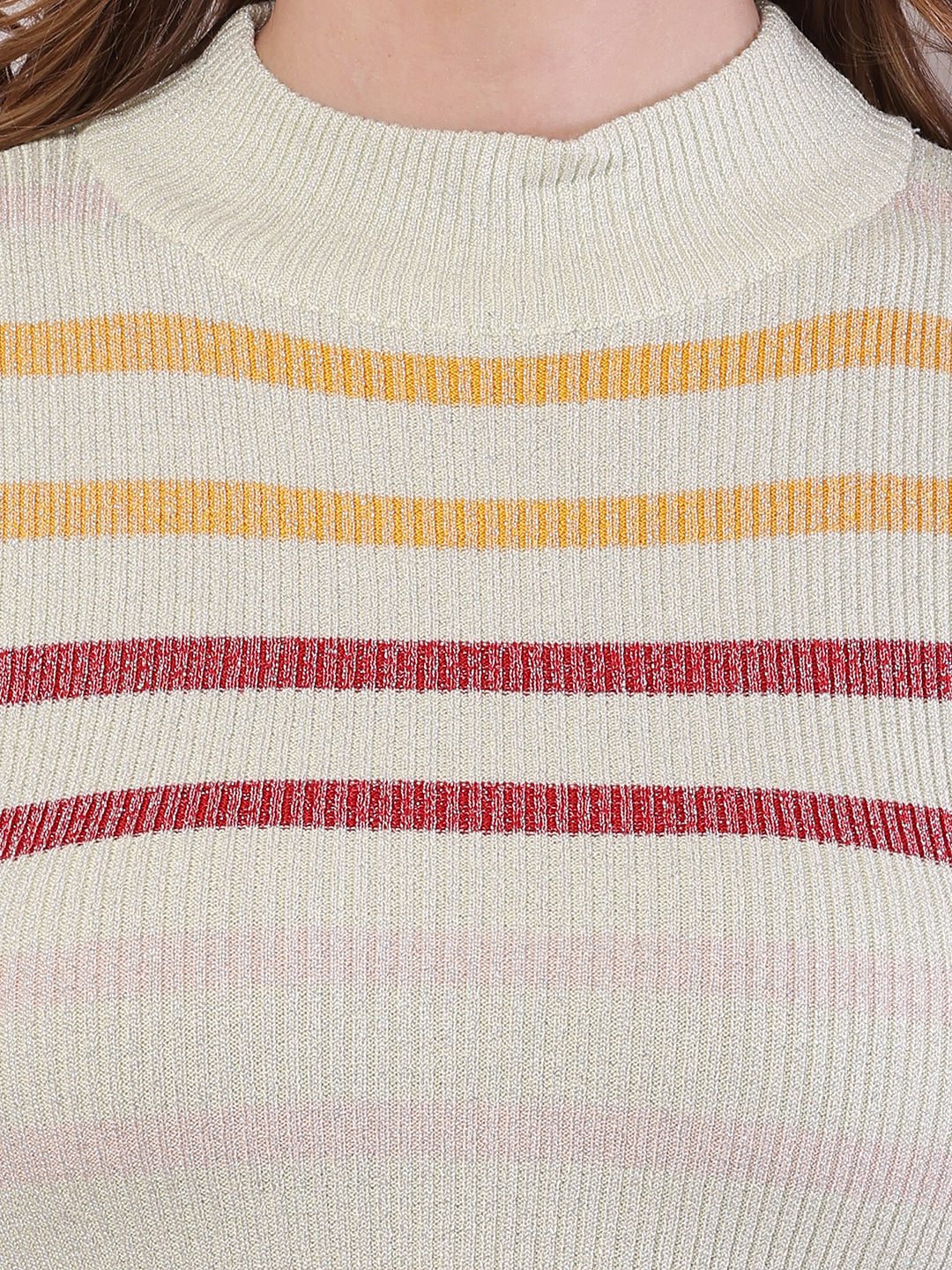 Women Striped Viscose Short Sleeve Turtle Neck Top