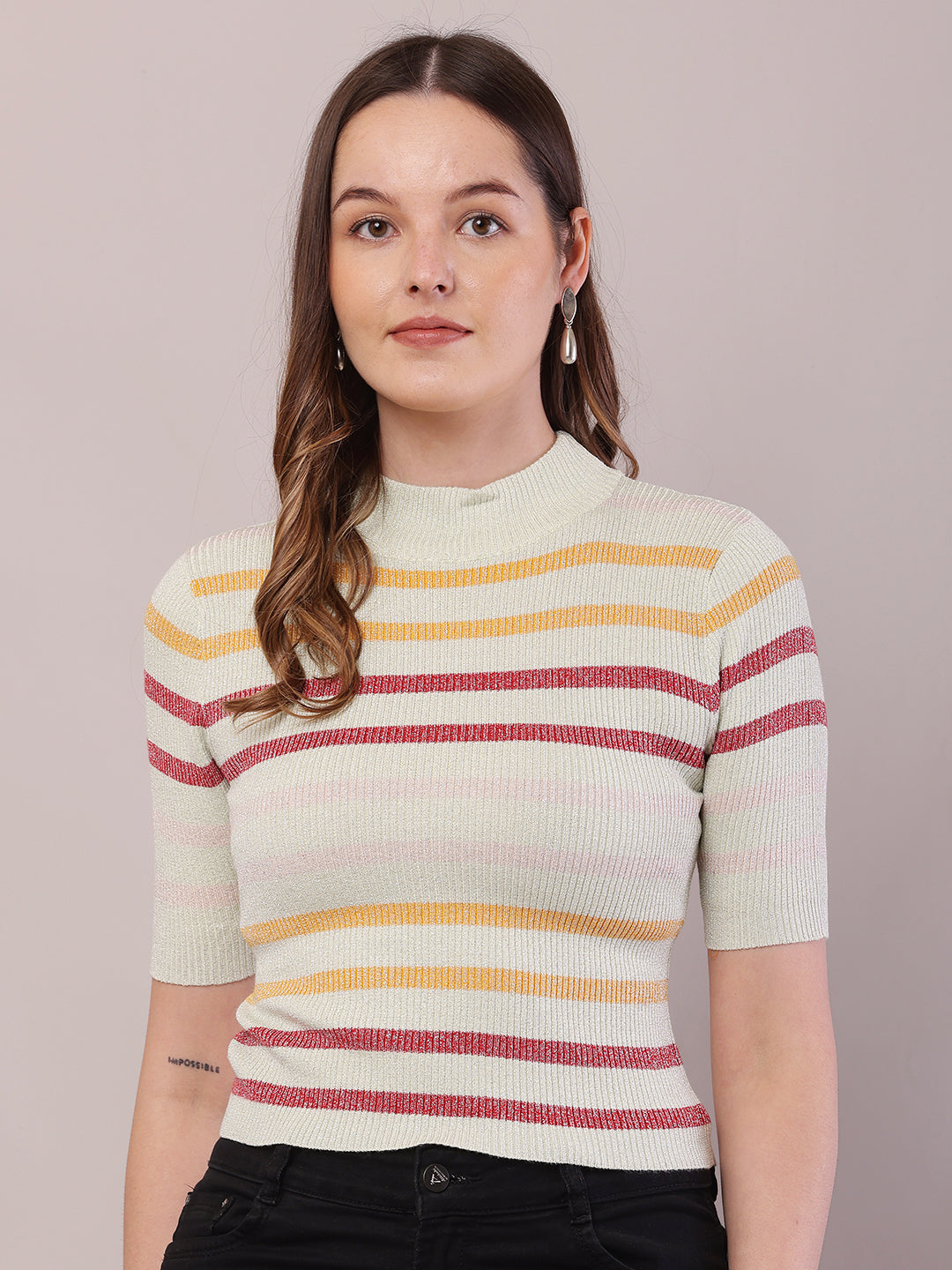 Women Striped Viscose Short Sleeve Turtle Neck Top