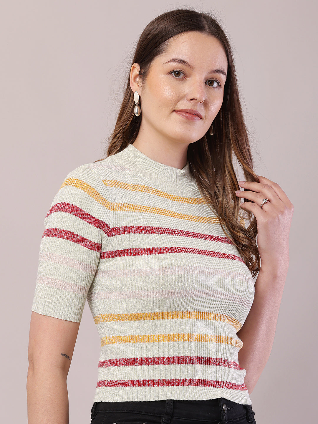 Women Striped Viscose Short Sleeve Turtle Neck Top