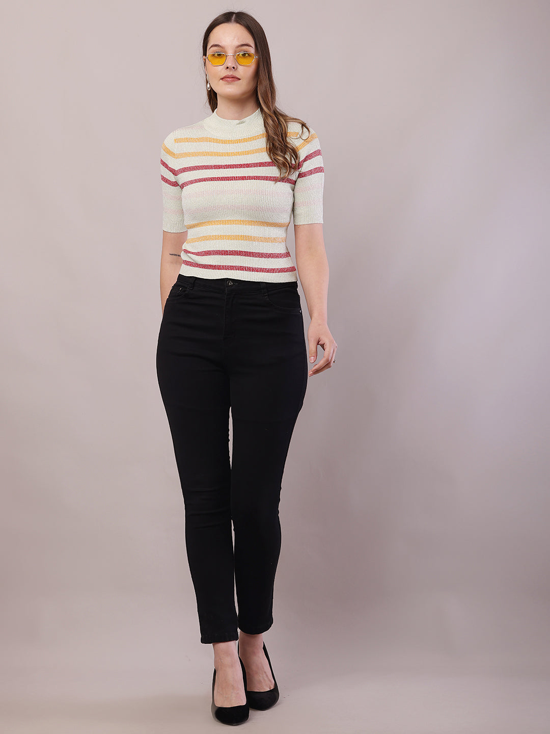 Women Striped Viscose Short Sleeve Turtle Neck Top