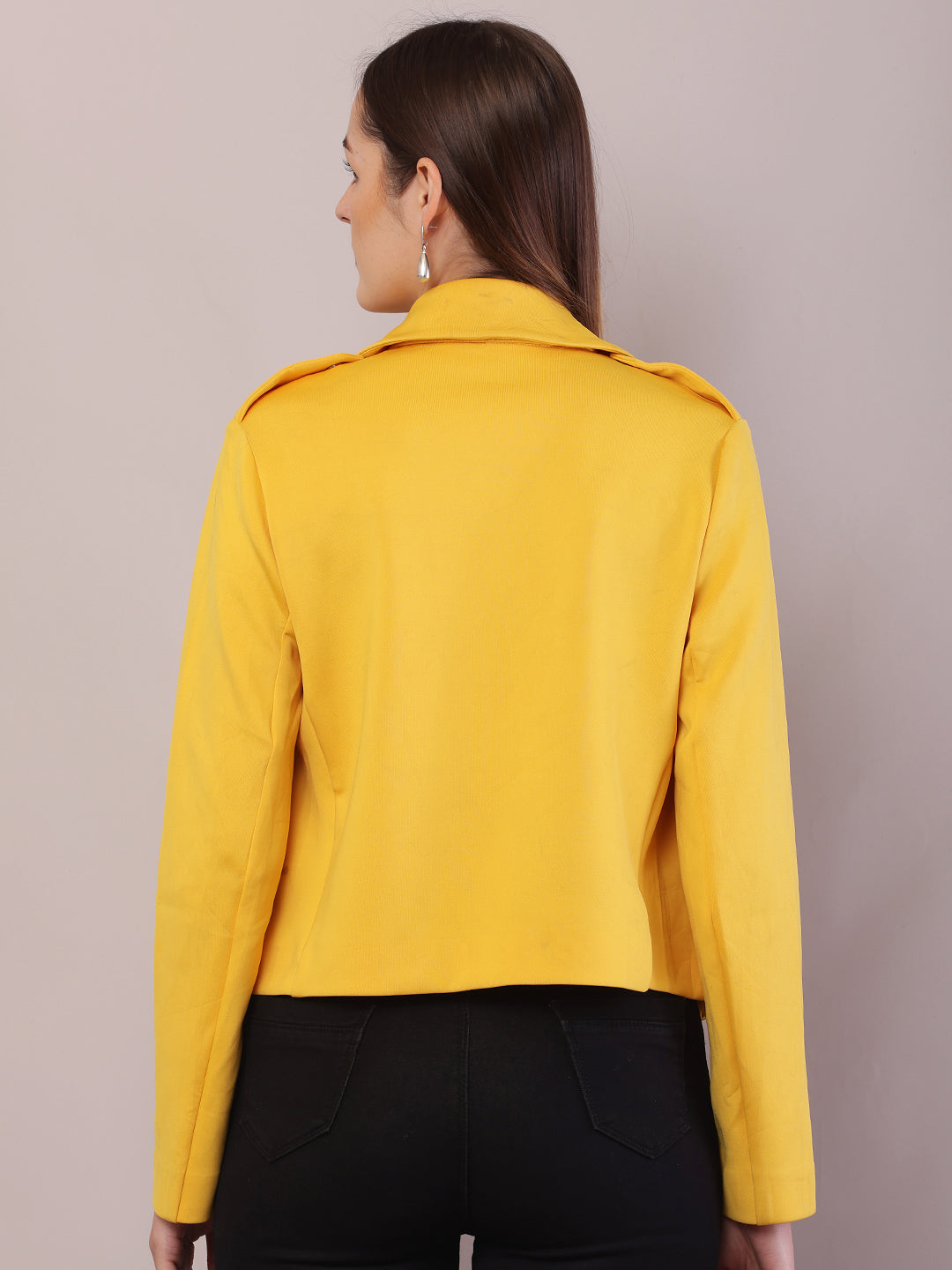 Women Yellow Polyester Lapel Collar Full Sleeve Jacket