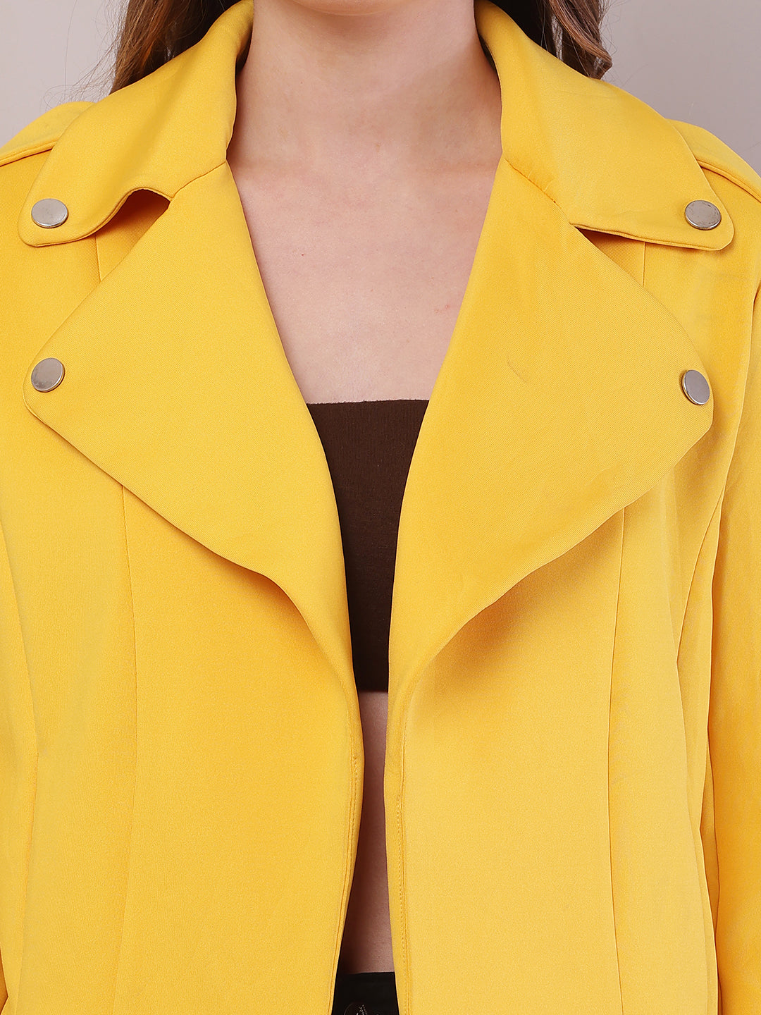 Women Yellow Polyester Lapel Collar Full Sleeve Jacket