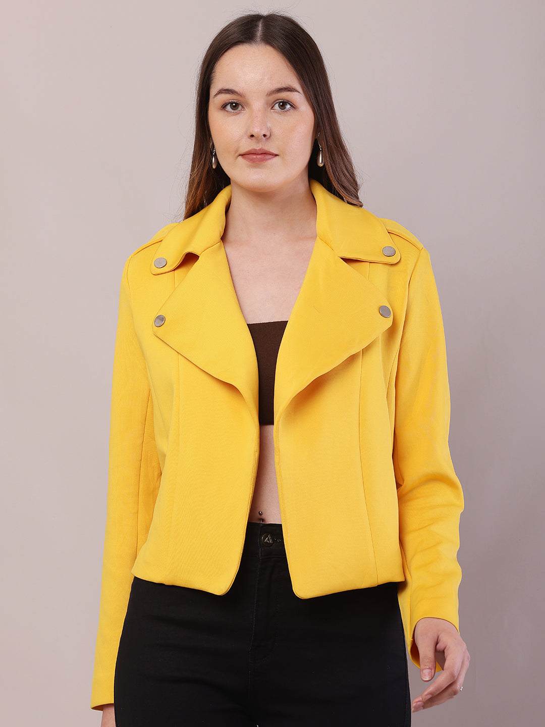 Women Yellow Polyester Lapel Collar Full Sleeve Jacket