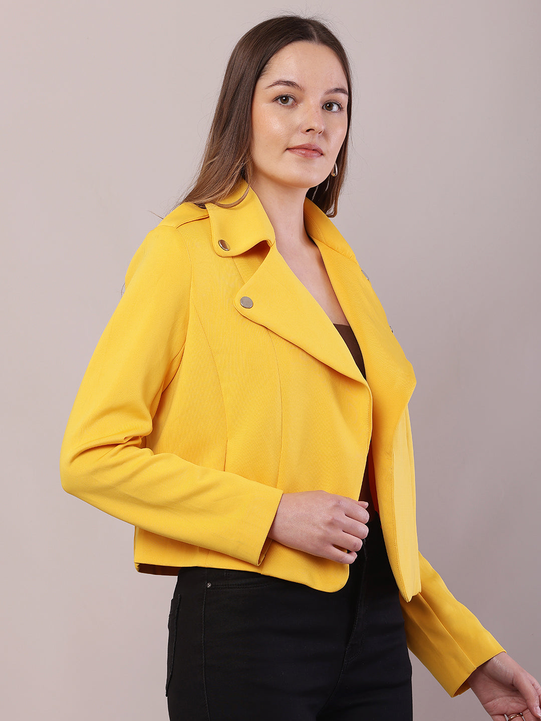 Women Yellow Polyester Lapel Collar Full Sleeve Jacket