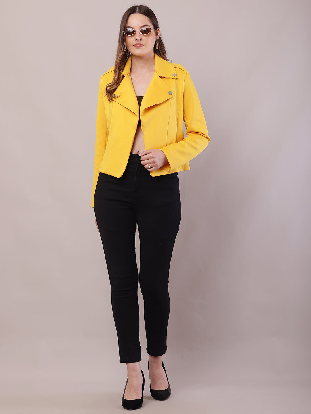 Women Yellow Polyester Lapel Collar Full Sleeve Jacket