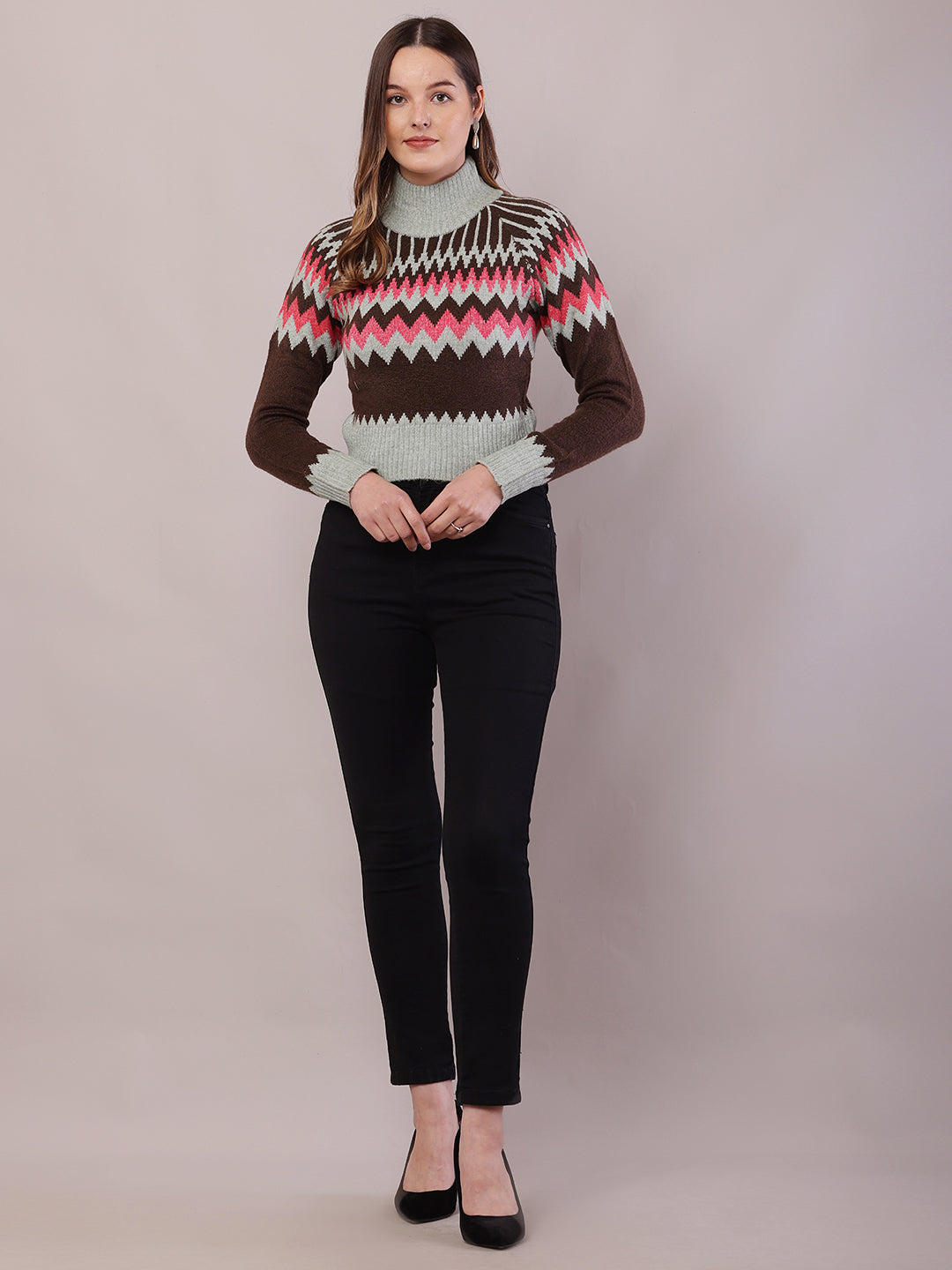 Women Multicolour Acrylic Full Sleeve High-Neck Sweater