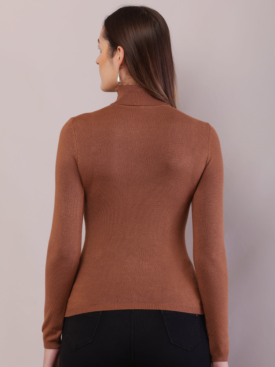 Women Brown Viscose Full Sleeve High-Neck Sweater