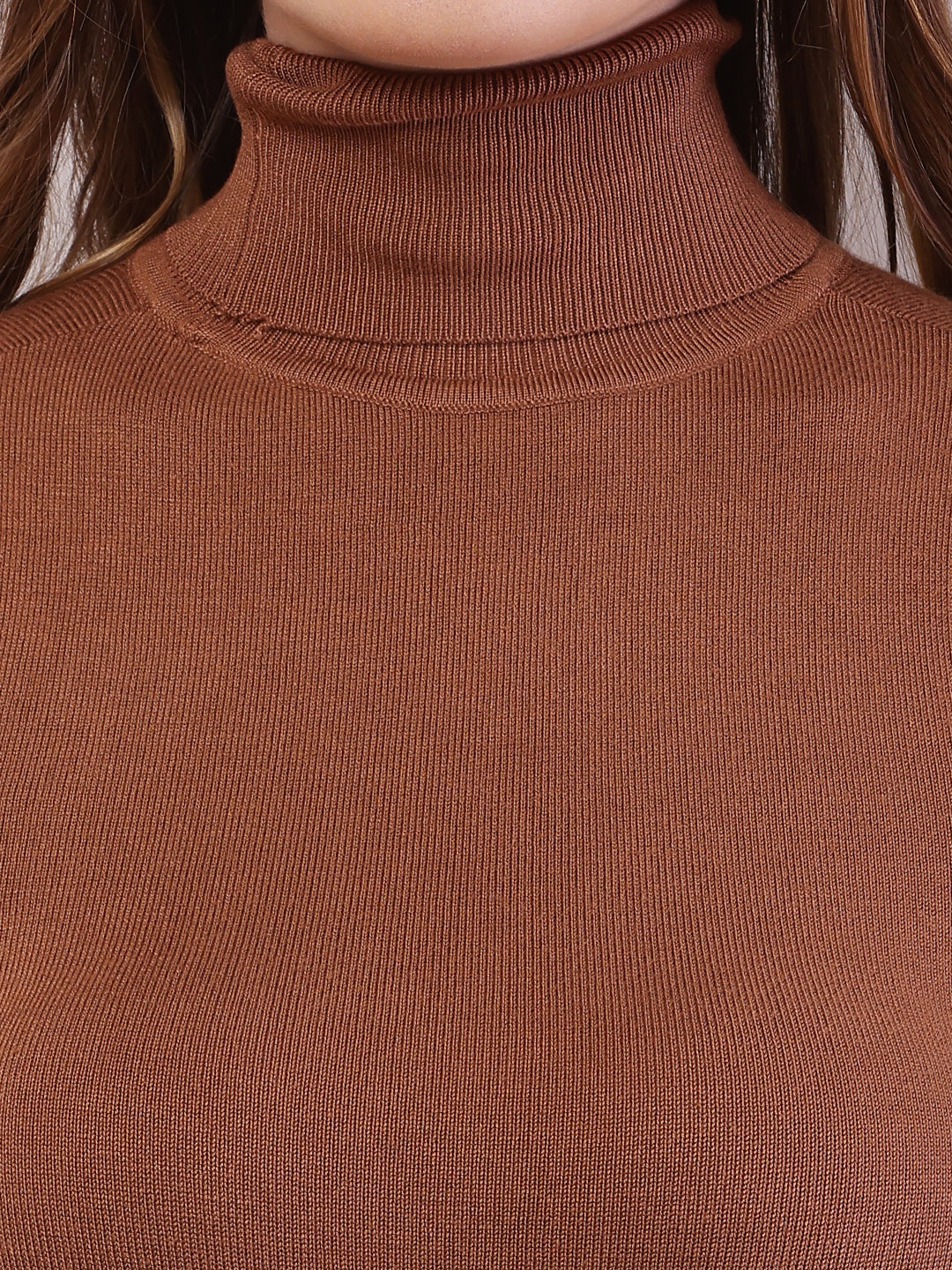 Women Brown Viscose Full Sleeve High-Neck Sweater