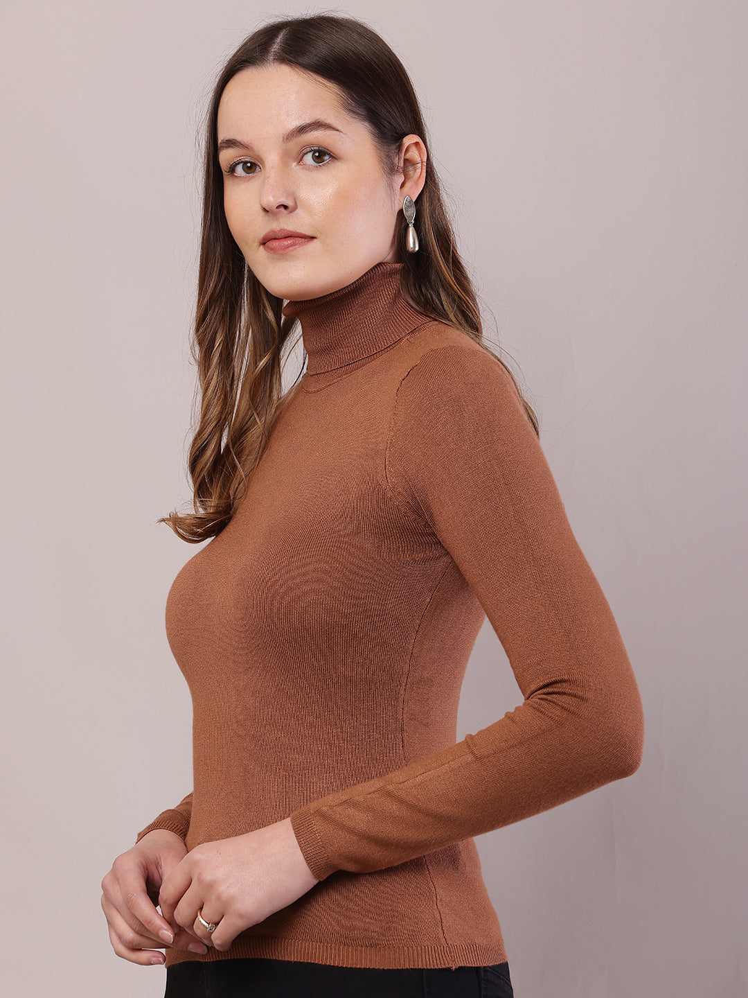 Women Brown Viscose Full Sleeve High-Neck Sweater