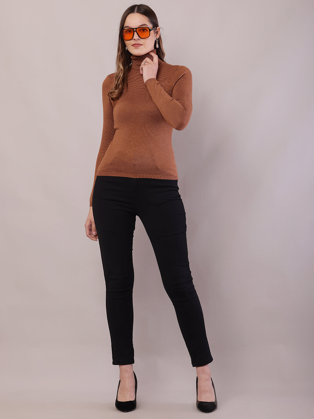 Women Brown Viscose Full Sleeve High-Neck Sweater