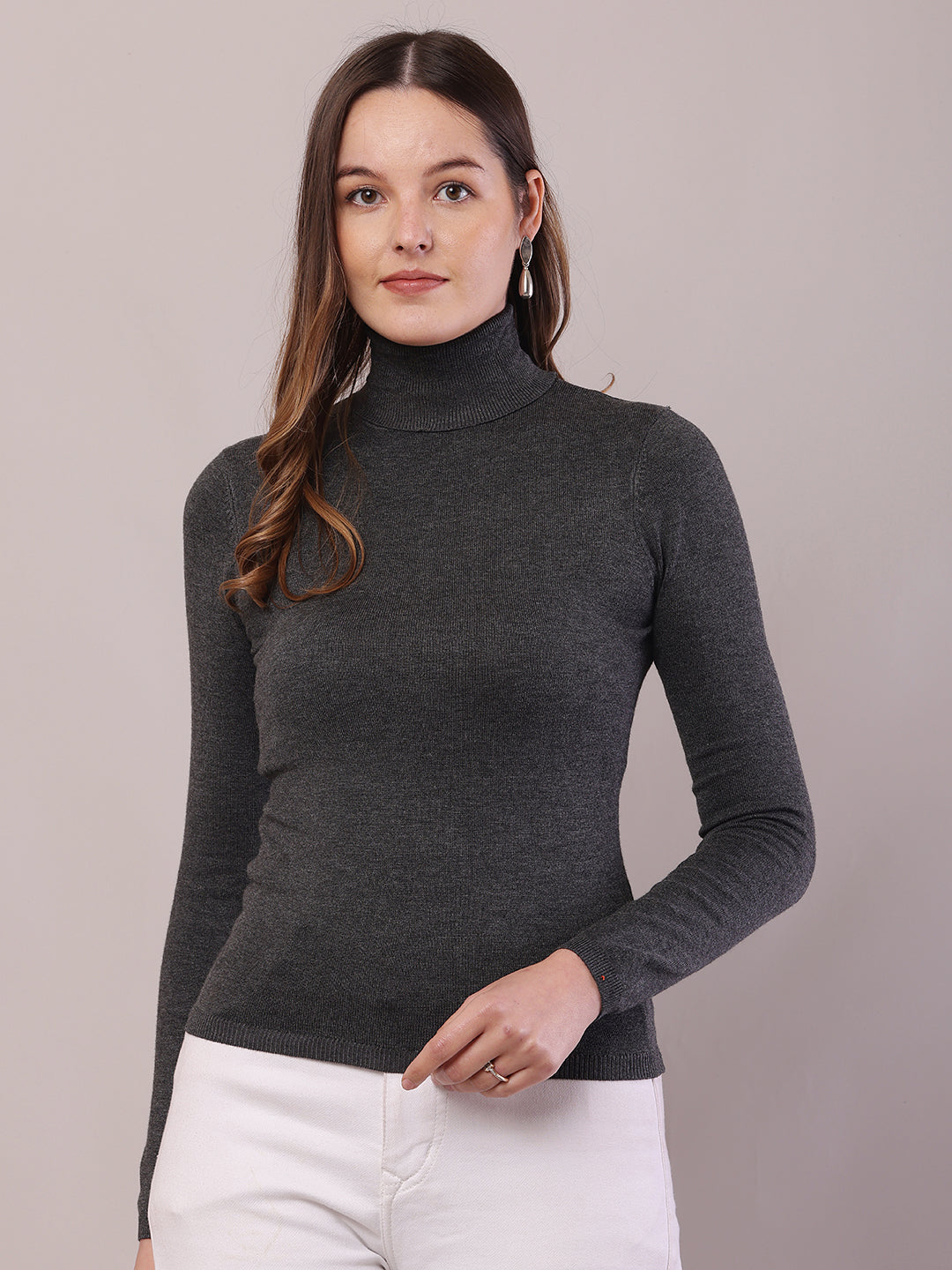 Women Dark Grey Viscose Full Sleeve Sweater