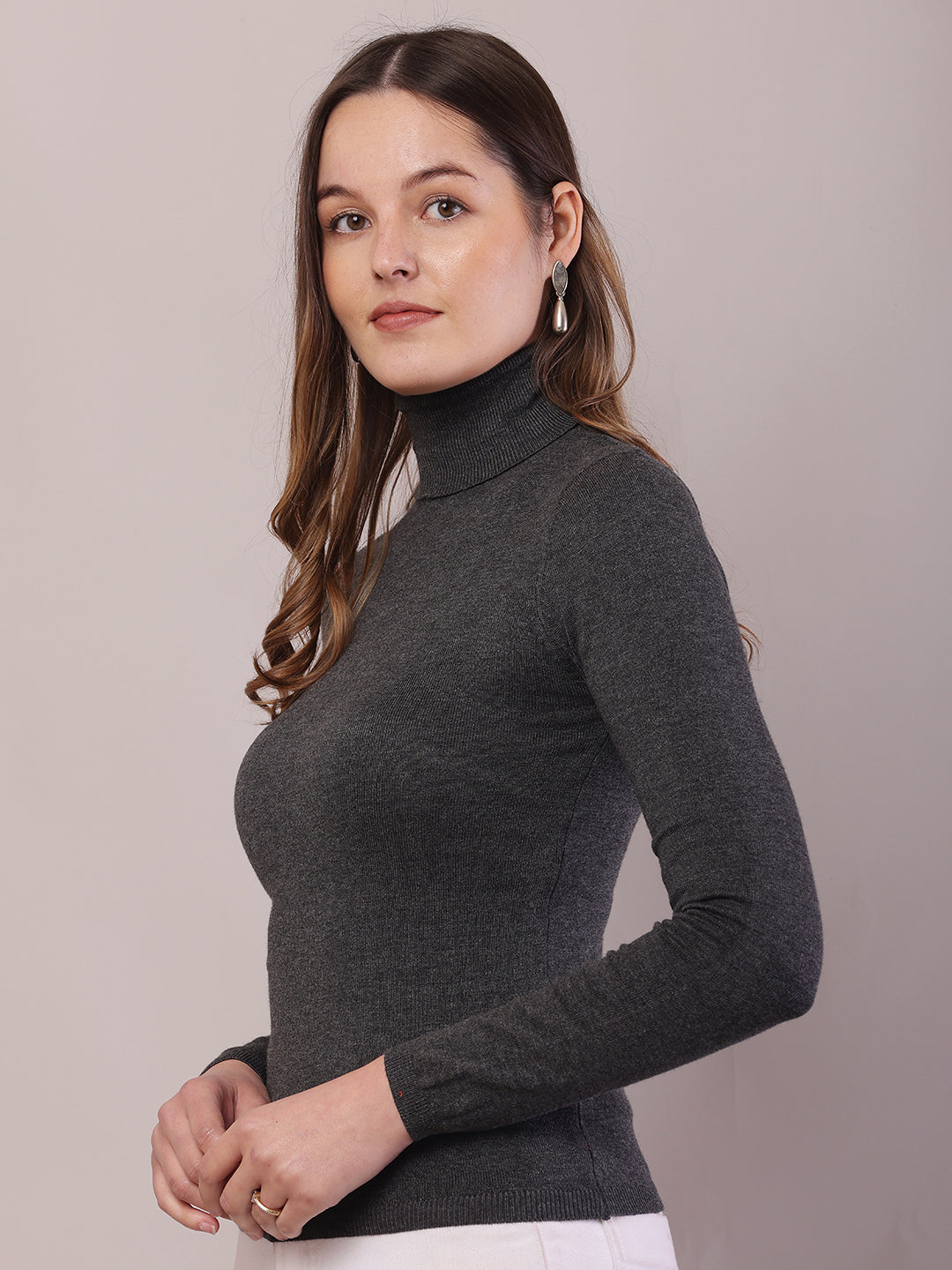 Women Dark Grey Viscose Full Sleeve Sweater