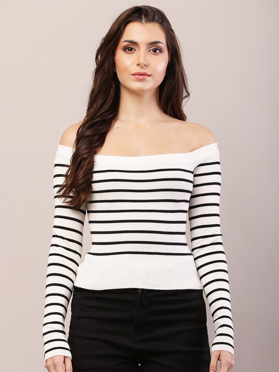 Women white viscose striped off-shoulder top.