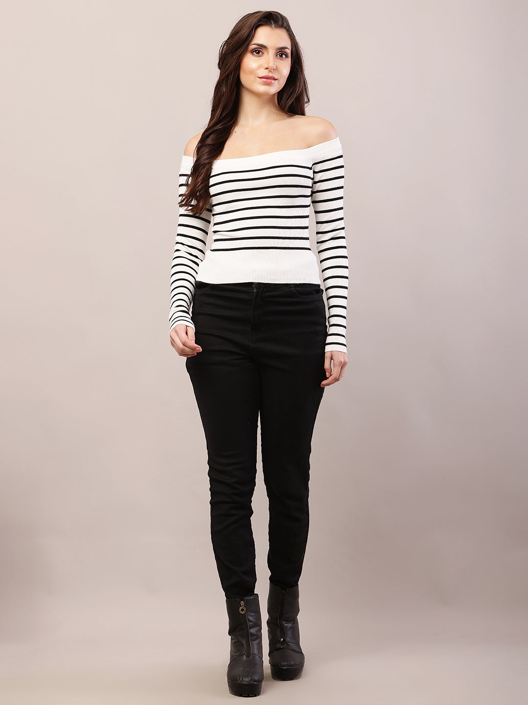 Women white viscose striped off-shoulder top.