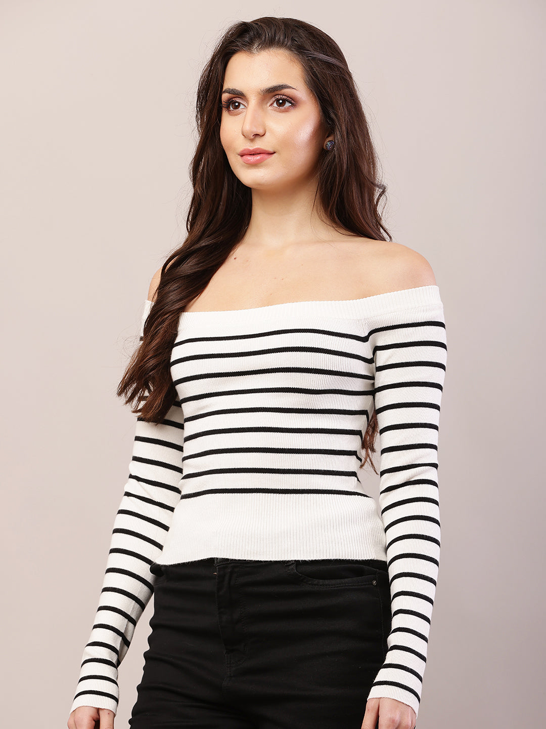 Women white viscose striped off-shoulder top.