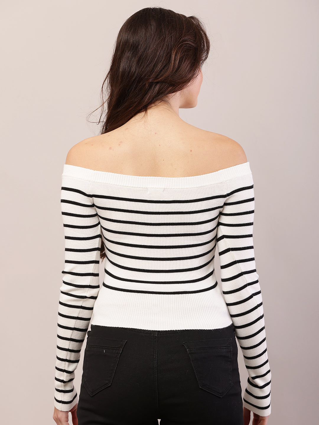 Women white viscose striped off-shoulder top.