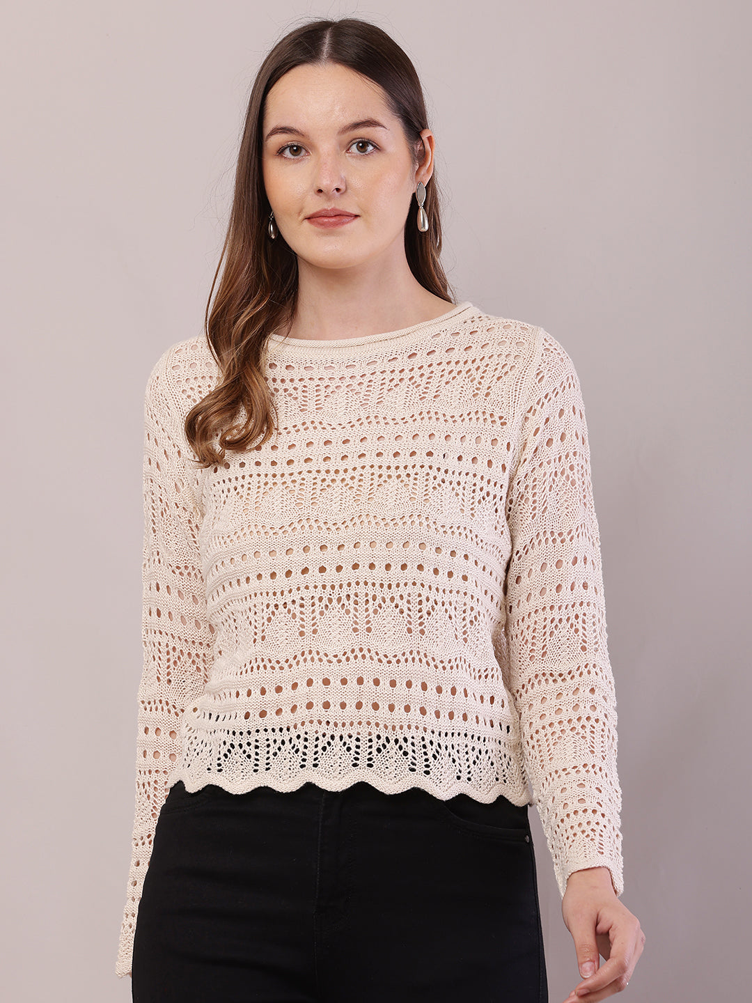 Women Cream Polyester Boat Neck Full Sleeve Sweater