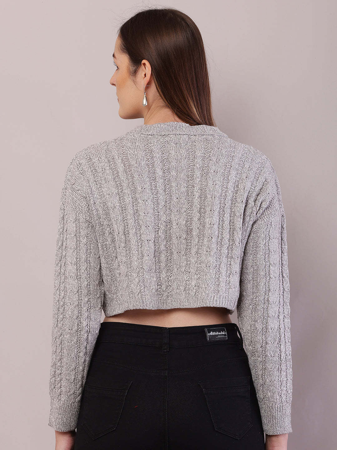 Women Light Grey Acrylic Round Neck Crop Sweater