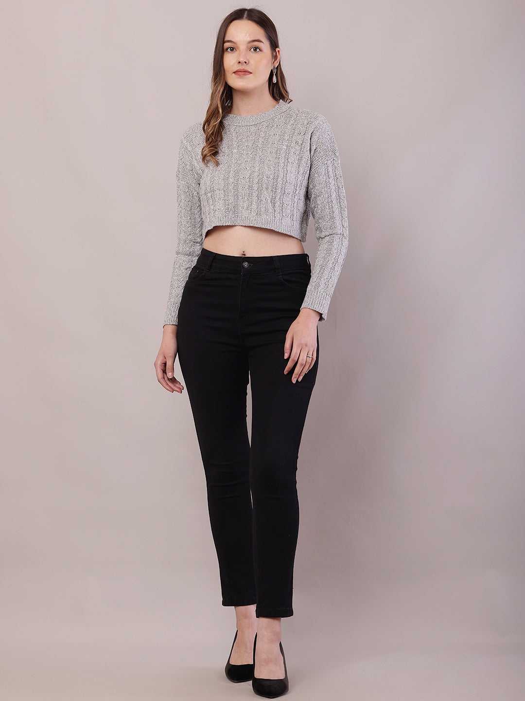 Women Light Grey Acrylic Round Neck Crop Sweater