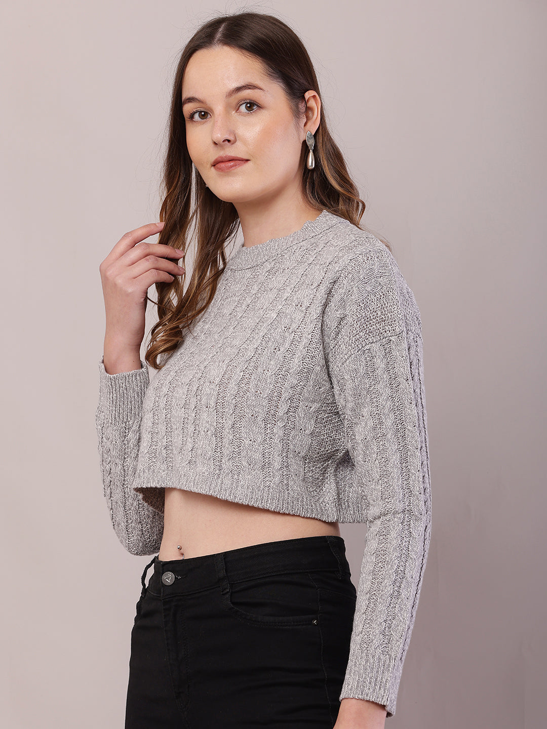 Women Light Grey Acrylic Round Neck Crop Sweater