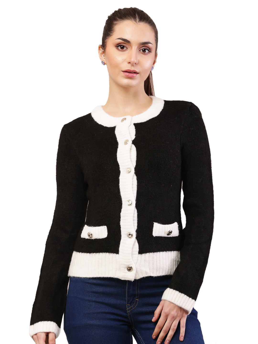 Women black acrylic full sleeve round neck cardigan