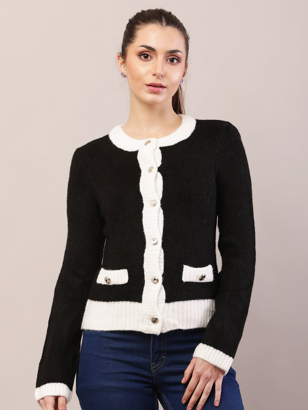 Women black acrylic full sleeve round neck cardigan